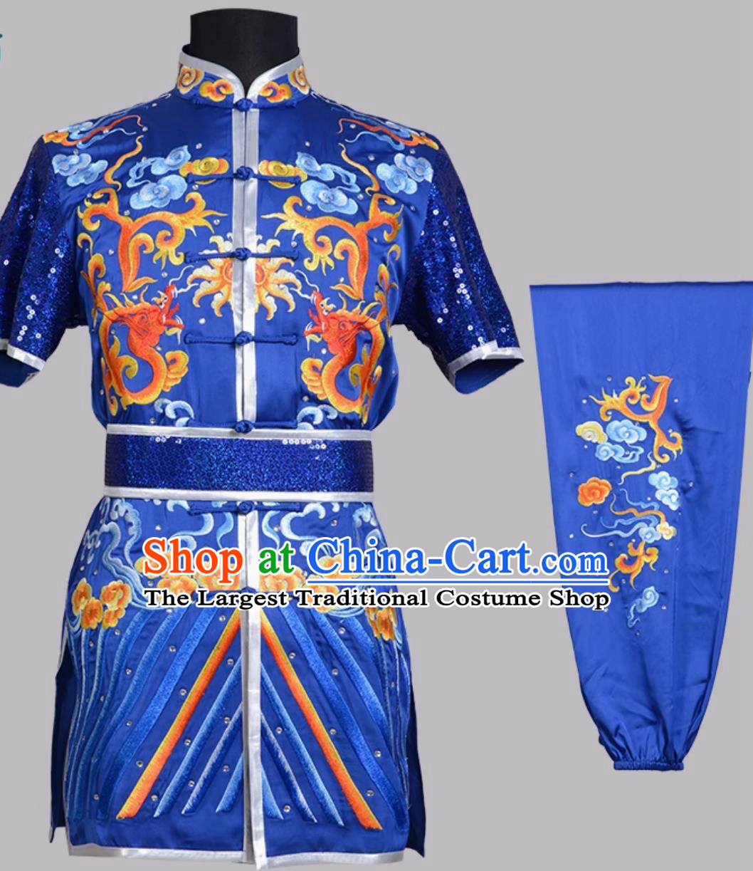 Blue Dragon Eagle Embroidered Changquan Wushu Uniform Wushu Exam Competition Performance Colorful Outfit