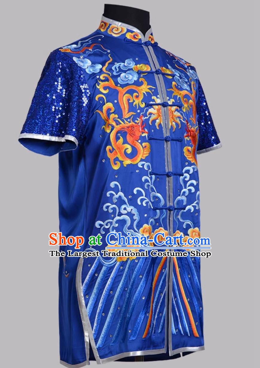 Blue Dragon Eagle Embroidered Changquan Wushu Uniform Wushu Exam Competition Performance Colorful Outfit
