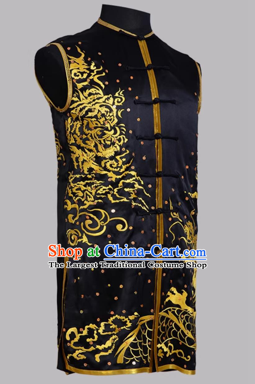 Pure Silk Hand Pushed Embroidery Dragon Tiger Nanquan Black Kung Fu Wushu Uniform Colorful Competition Men Outfit