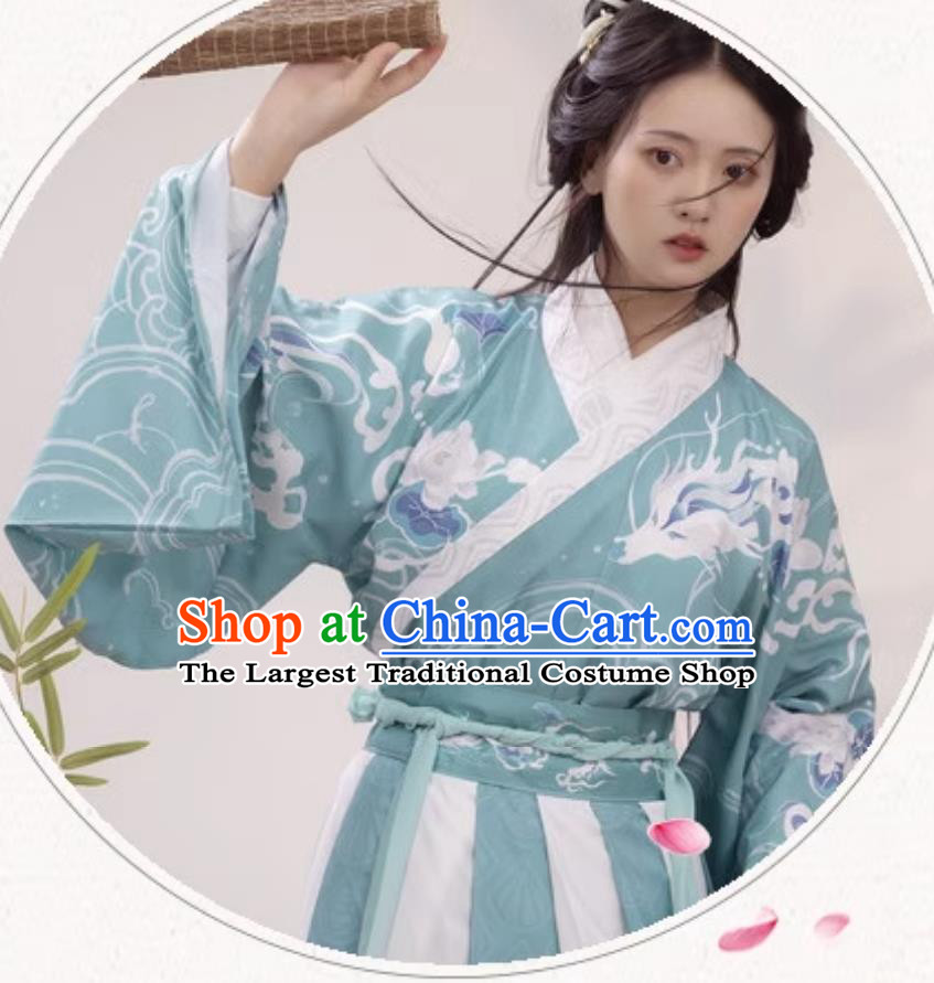 Chinese Hanfu Wei Jin Style Cross Collar Wide Sleeves High Waist Printed Broken Skirt Complete Set for Women