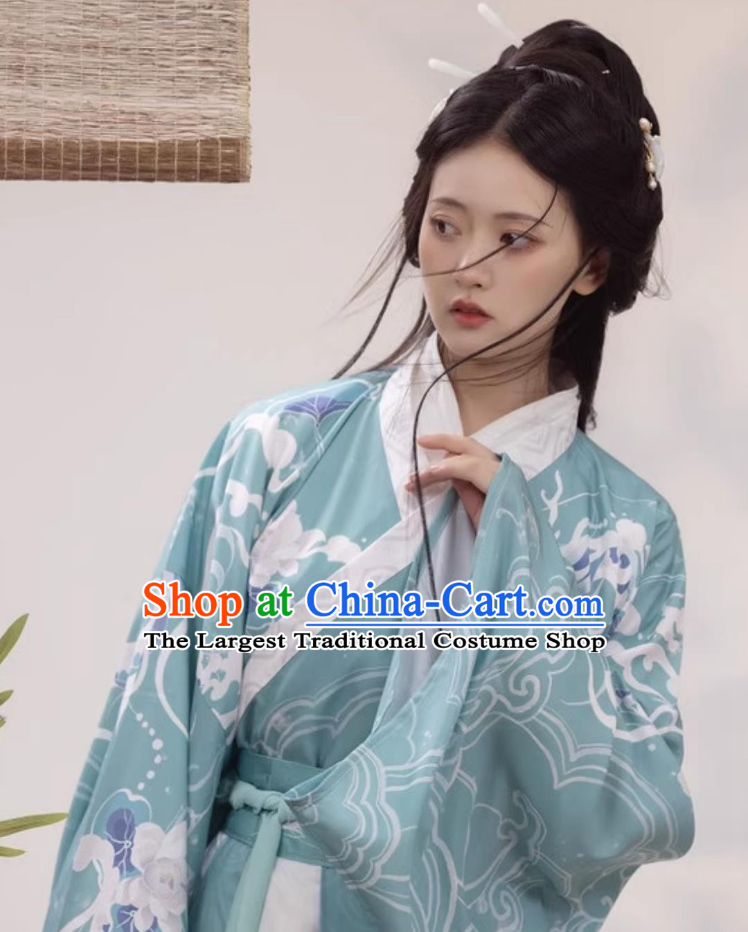 Chinese Hanfu Wei Jin Style Cross Collar Wide Sleeves High Waist Printed Broken Skirt Complete Set for Women