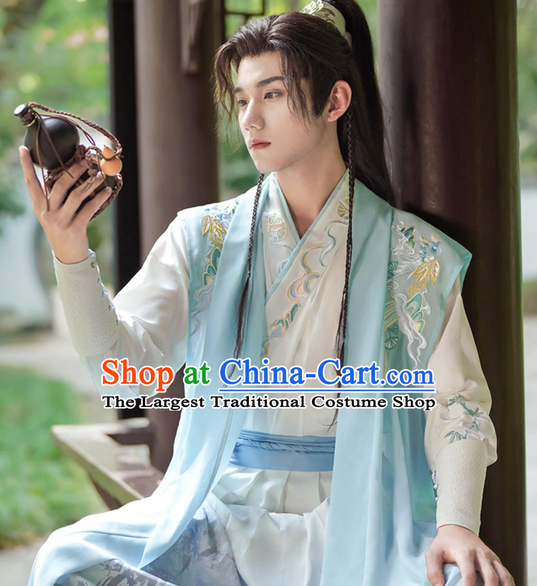 Embroidery Hanfu Cross Collar Long Gown Chinese Wuxia Style Handsome Swordsman Costumes Complete Set