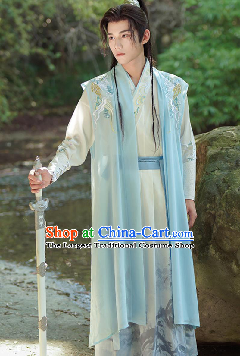 Embroidery Hanfu Cross Collar Long Gown Chinese Wuxia Style Handsome Swordsman Costumes Complete Set