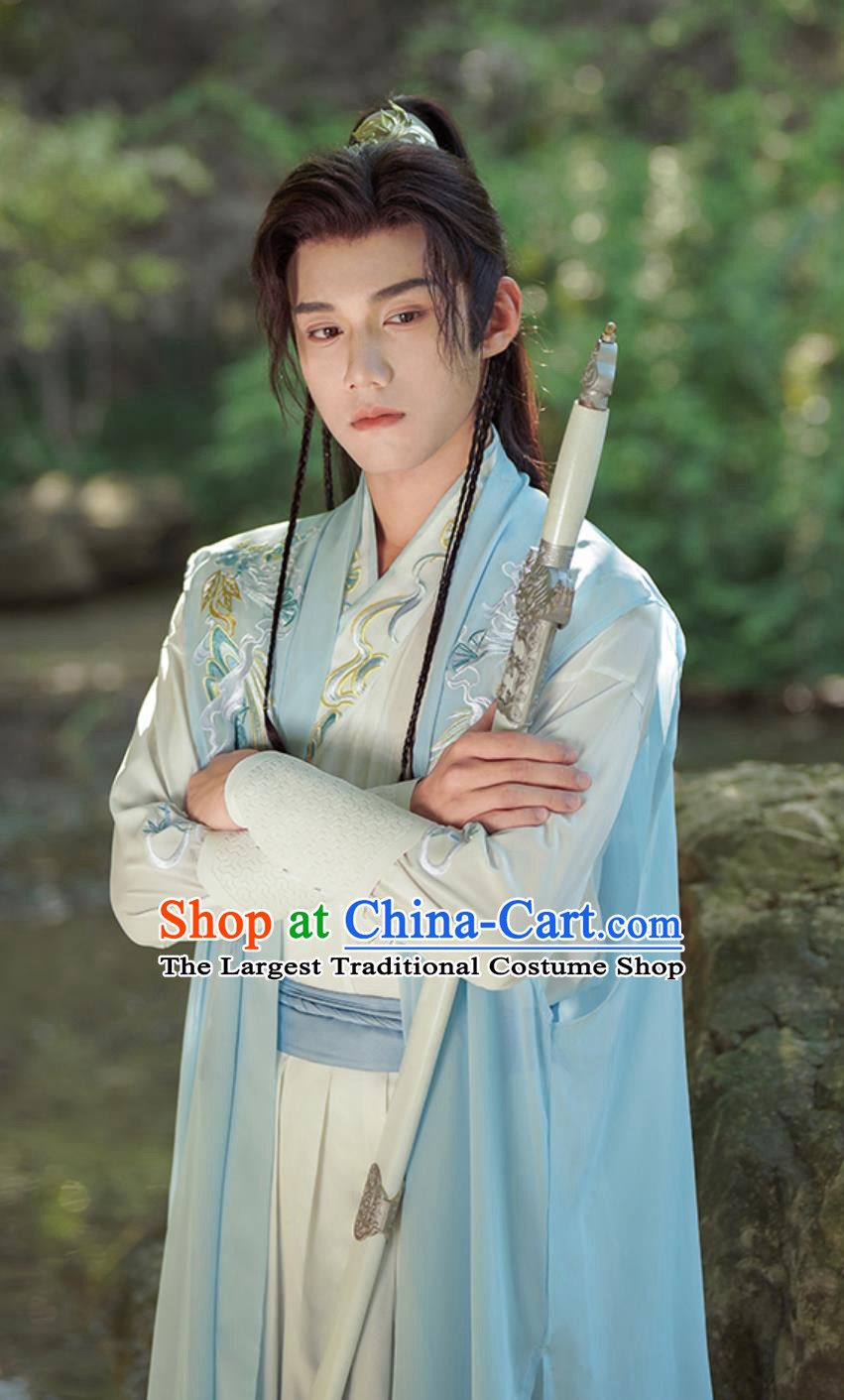Embroidery Hanfu Cross Collar Long Gown Chinese Wuxia Style Handsome Swordsman Costumes Complete Set
