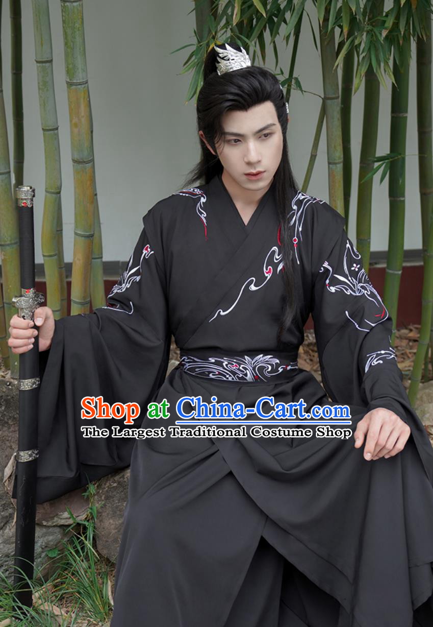Chinese Hanfu Ming Dynasty Swordsman Black Uniform Embroidery Wuxia Costumes Complete Set