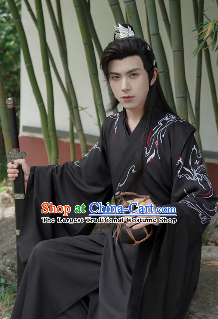 Chinese Hanfu Ming Dynasty Swordsman Black Uniform Embroidery Wuxia Costumes Complete Set