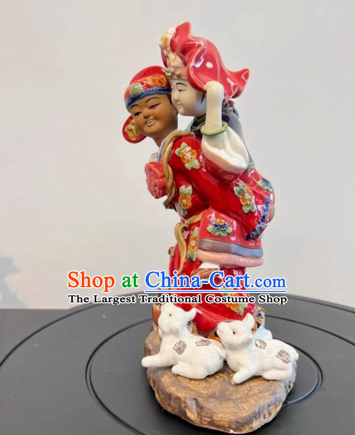 Chinese Shiwan Ceramics Statue Handmade Traditional Porcelain Artwork Wedding Couple