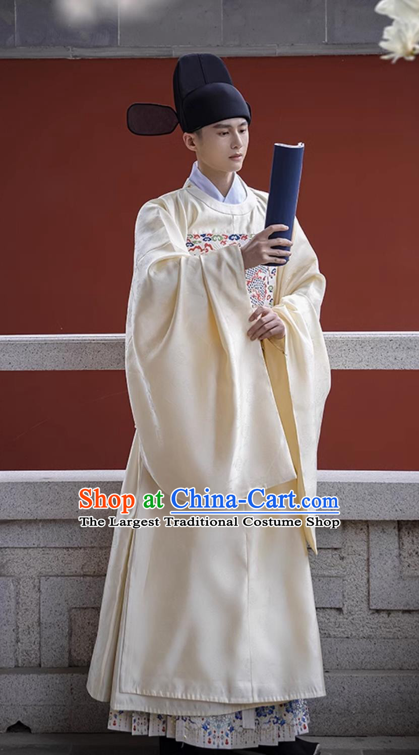Hanfu Men Ming Dynasty Military Official Robe Round Neck Gown Beige Mandarin Square Traditional Chinese Costume