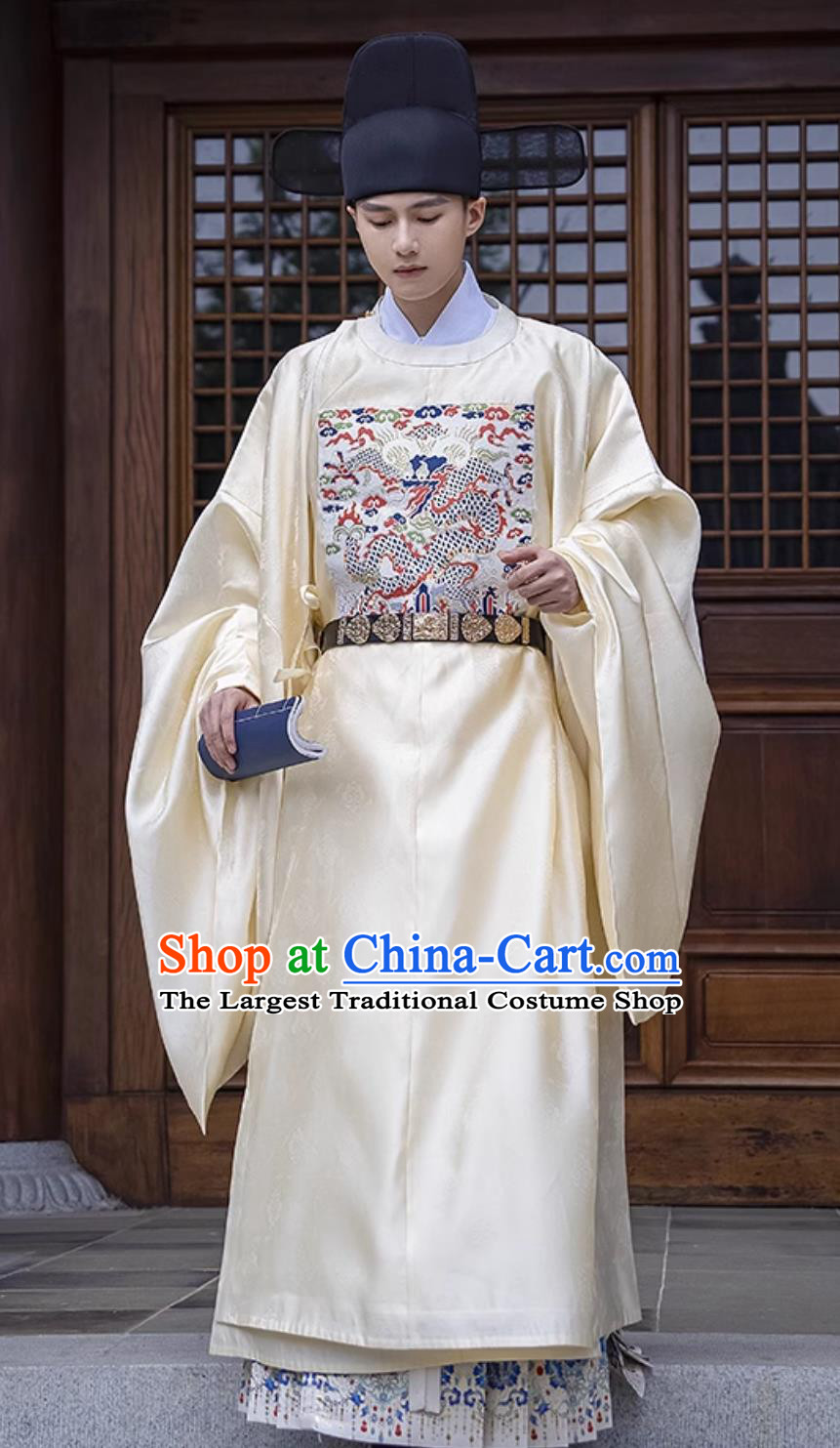 Hanfu Men Ming Dynasty Military Official Robe Round Neck Gown Beige Mandarin Square Traditional Chinese Costume