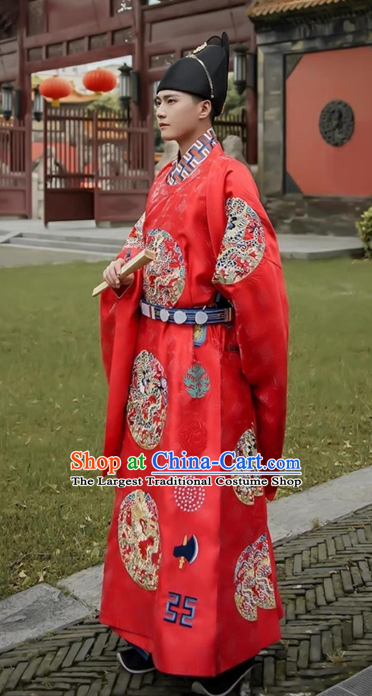 Chinese Ming Dynasty Twelve Chapter Patterns Dragon Roundel Gunfu Robe Round Neck Gown Wedding Hanfu Bridal Embroidery Costume