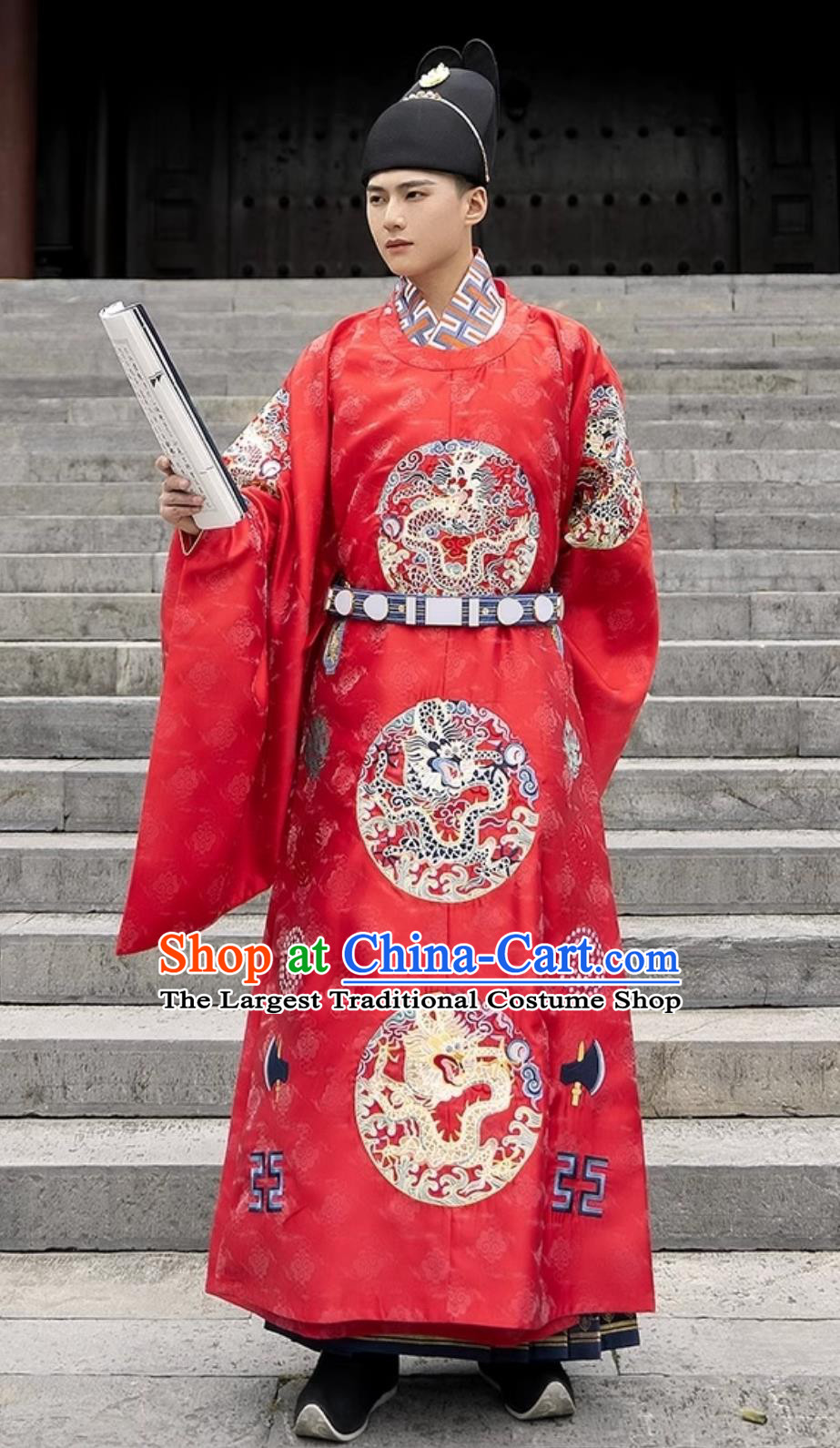 Chinese Ming Dynasty Twelve Chapter Patterns Dragon Roundel Gunfu Robe Round Neck Gown Wedding Hanfu Bridal Embroidery Costume