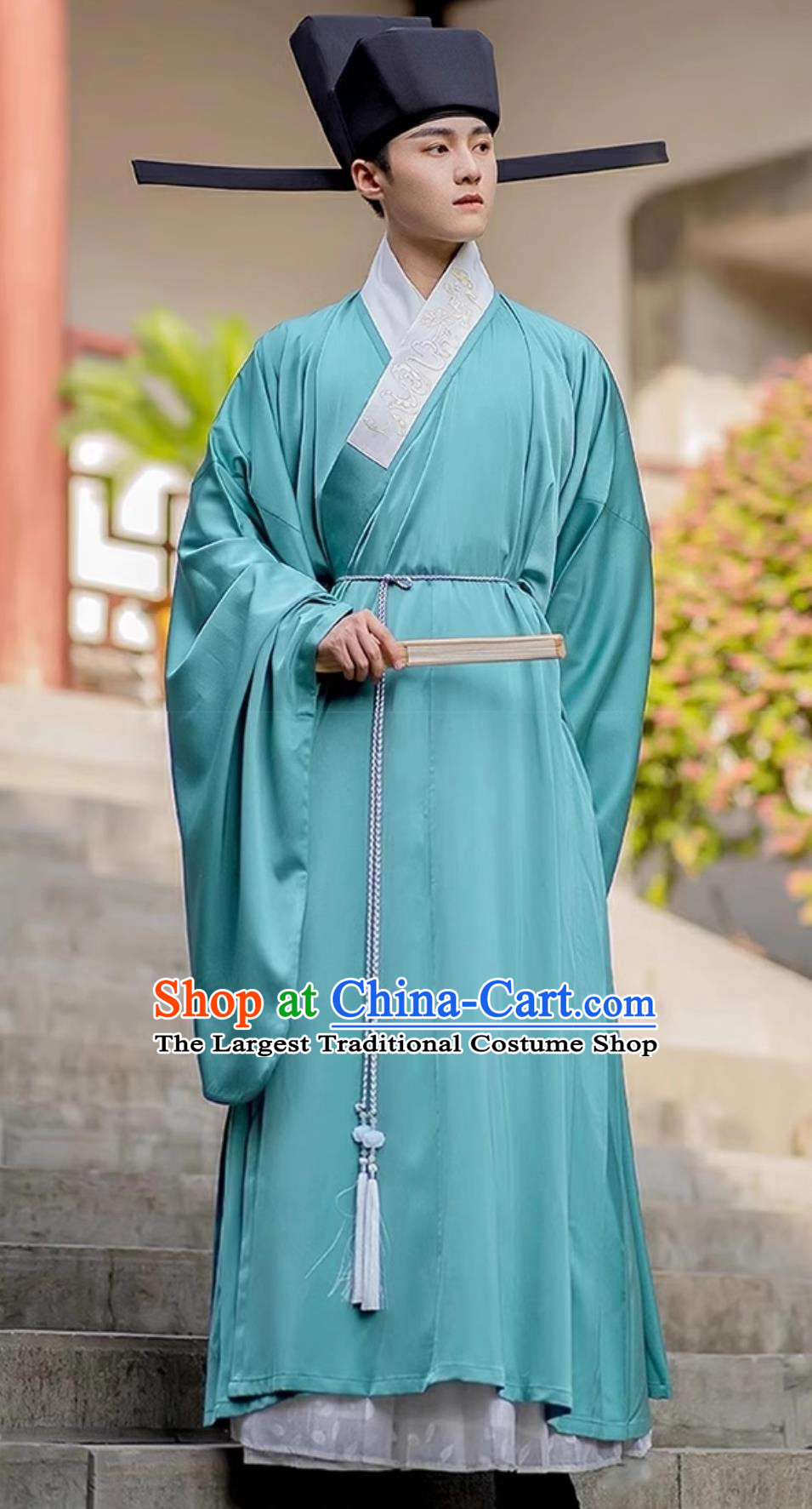 Chinese Ming Dynasty Hanfu Blue Taoist Robe Men Ancient Style Zen Priest Attire