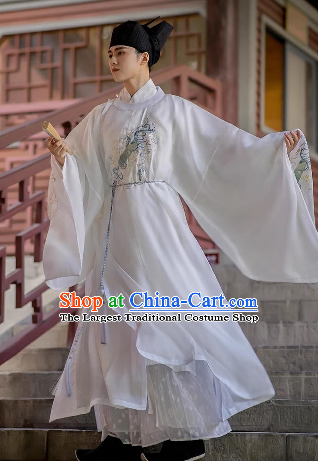 Chinese Ming Dynasty Round Neck Robe Traditional Hanfu Official Gown White Garment