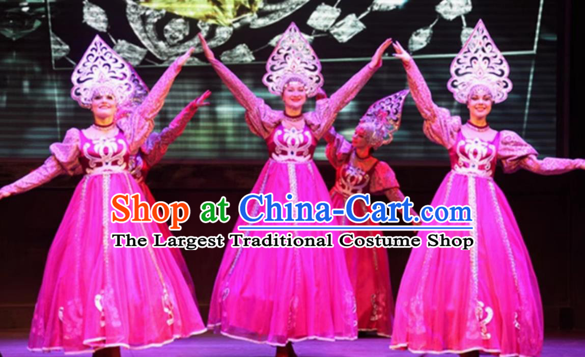 Rose Red Russian Ethnic Traditional Dance Costume Performance Outfit Stage Show Opening Dance Flared Dress