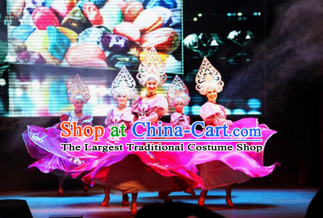 Rose Red Russian Ethnic Traditional Dance Costume Performance Outfit Stage Show Opening Dance Flared Dress