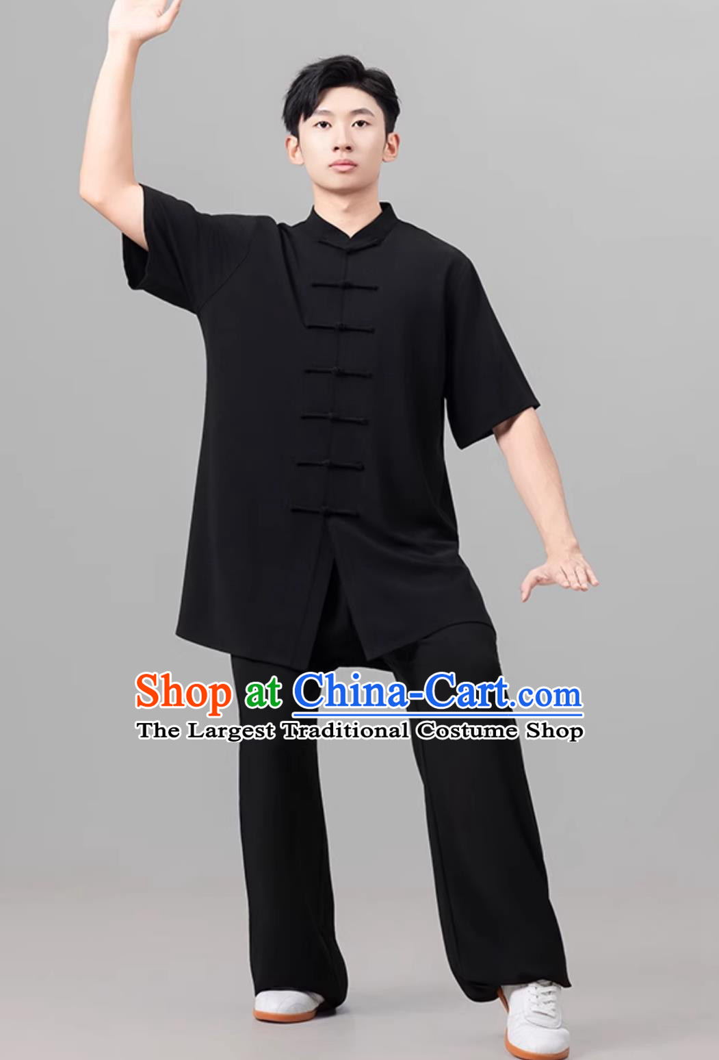 Black Chinese Style Men Tai Chi Suit Summer Short Sleeve Tai Chi Ba Duan Jin Training Suit