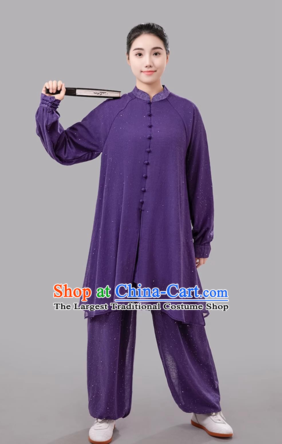 Purple Summer Women Tai Chi Suit Long Sleeve Outfit Double Layer Silver Gauze Chinese Style Competition Performance Uniform