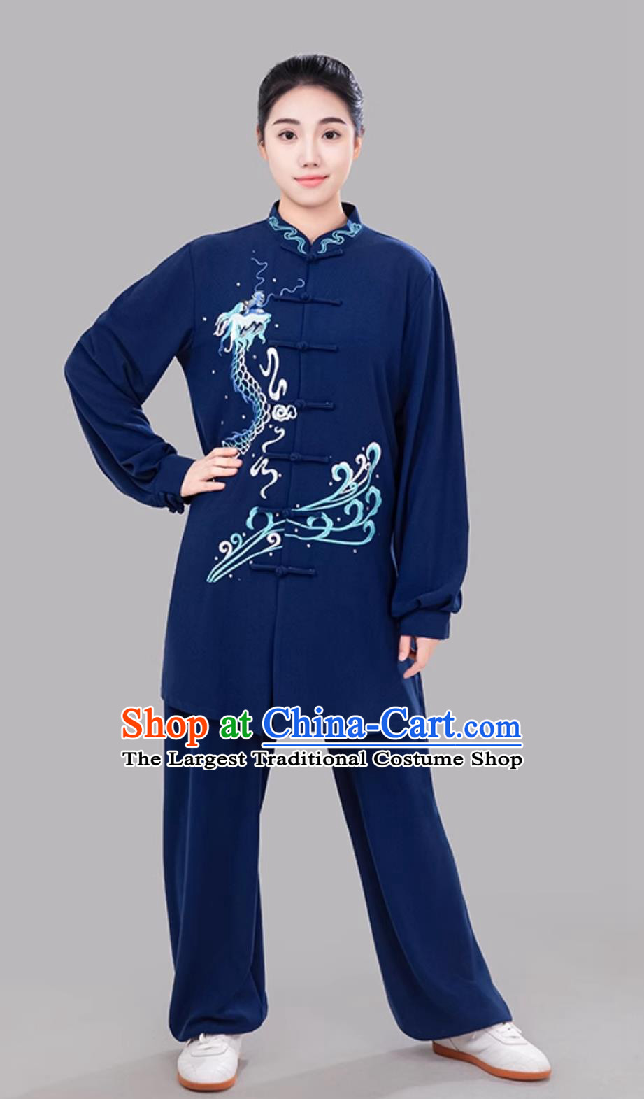 Navy Blue Tai Chi Suit Embroidered Dragon Taiji Competition Performance Training Suit Mid Long Uniform