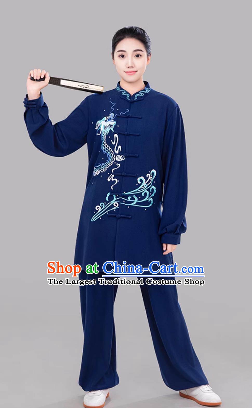 Navy Blue Tai Chi Suit Embroidered Dragon Taiji Competition Performance Training Suit Mid Long Uniform