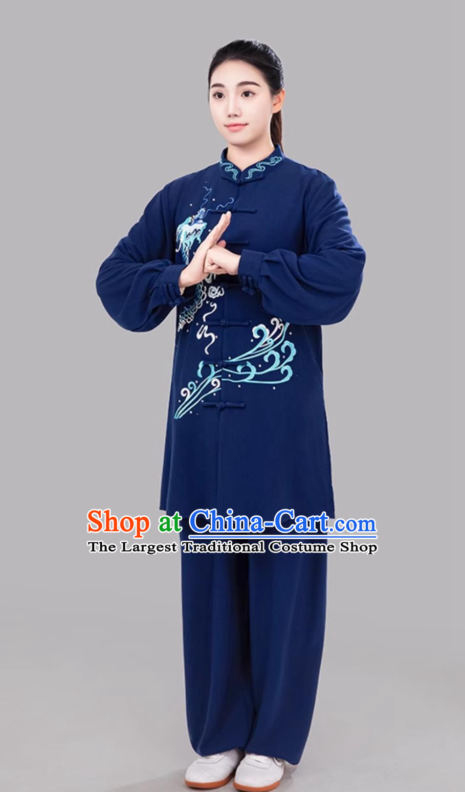 Navy Blue Tai Chi Suit Embroidered Dragon Taiji Competition Performance Training Suit Mid Long Uniform