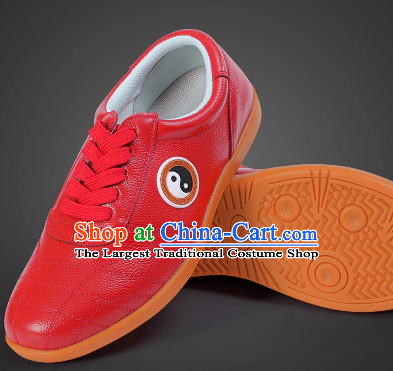 Red Top Leather Tai Chi Shoes Rubber Sole Ba Duan Jin Training Shoes