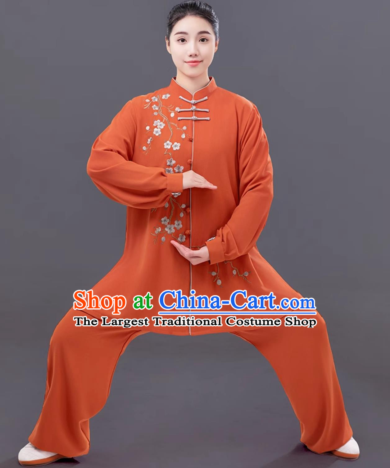 Women Embroidered Plum Blossom Tai Chi Suit Martial Arts Competition Performance Orange Outfit