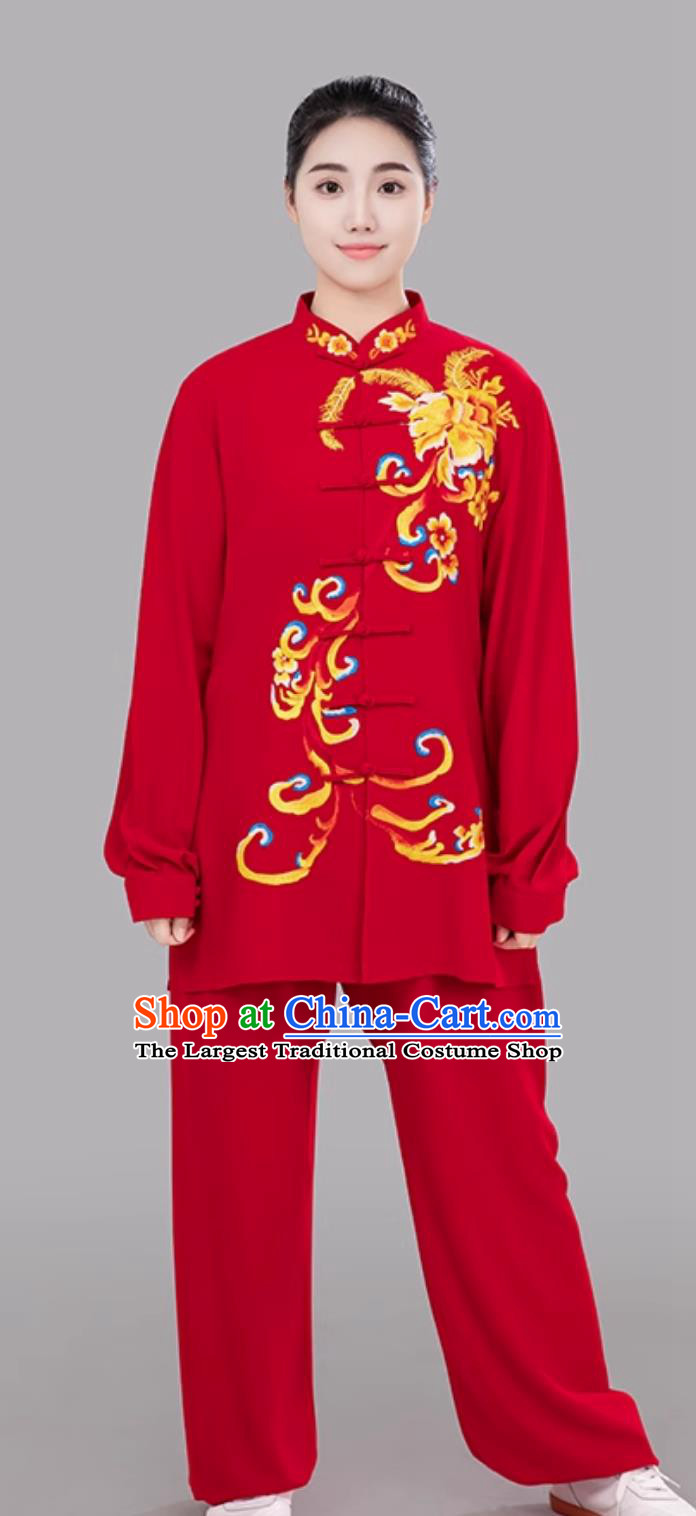 Red Women Embroidered Floral Tai Chi Suit Ba Duan Jin Tai Chi Competition Performance Training Clothing Martial Arts Outfit