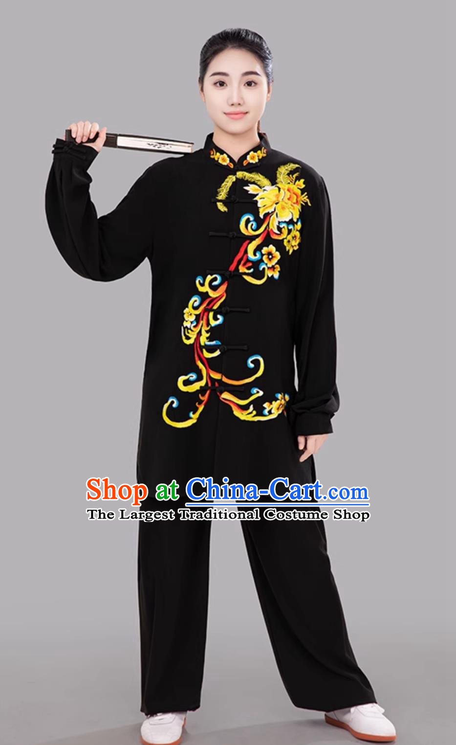 Black Women Embroidered Floral Tai Chi Suit Ba Duan Jin Tai Chi Competition Performance Training Clothing Martial Arts Outfit