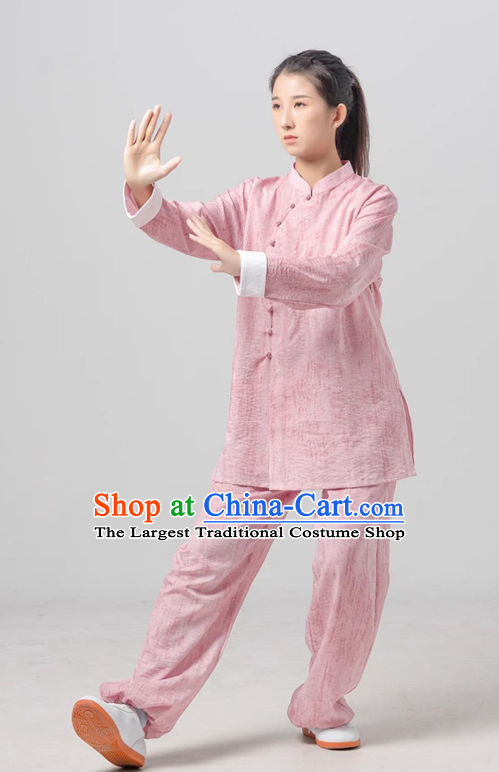 Women Diagonal Collar Tai Chi Suit Ba Duan Jin Pink Uniform Tai Chi Training Costume