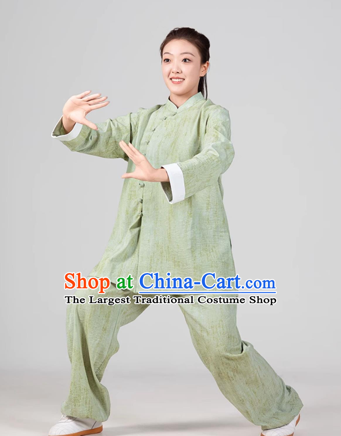 Women Diagonal Collar Tai Chi Suit Chinese Ba Duan Jin Green Uniform Tai Chi Training Costume