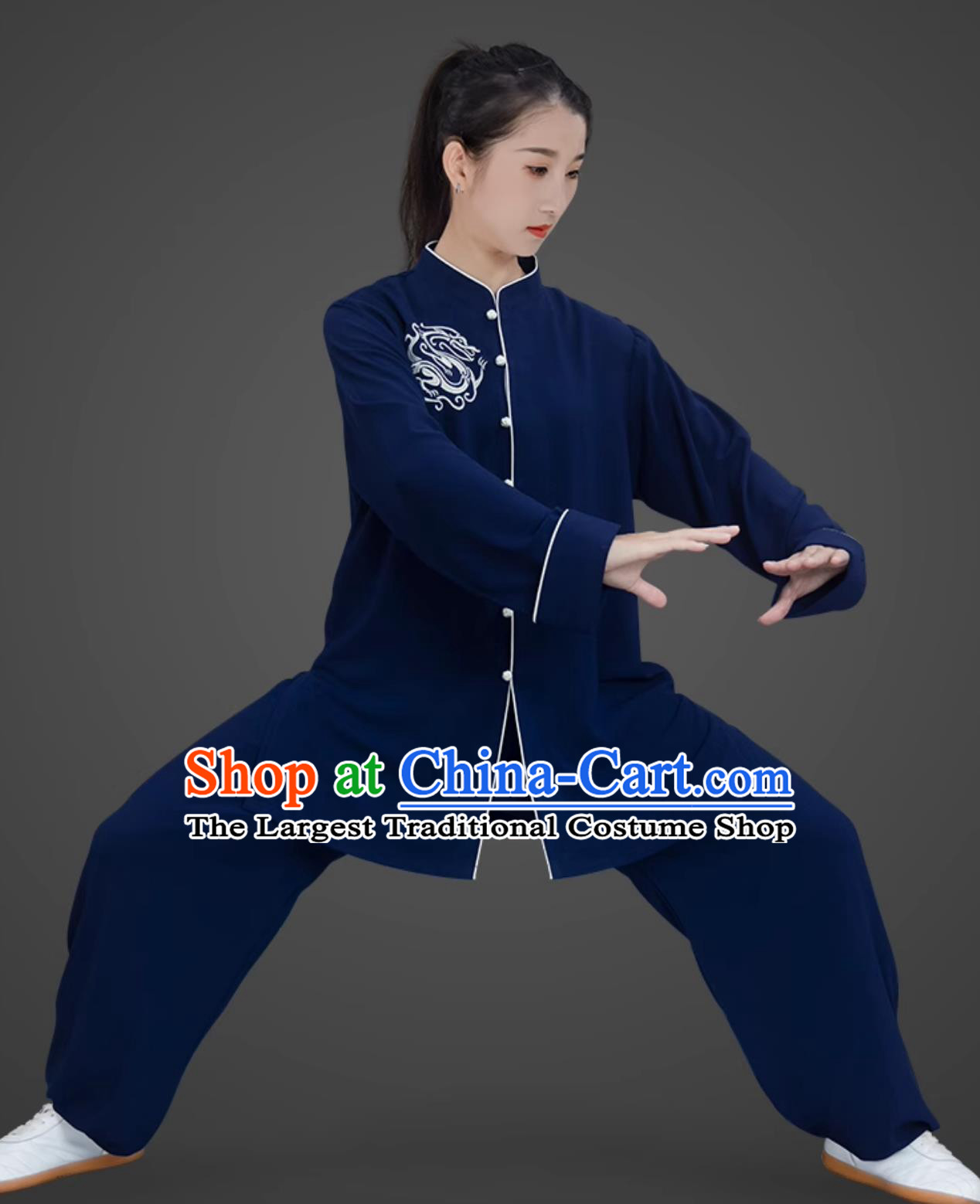 Navy Blue Embroidered Women Tai Chi Suit Mid Long Taiji Competition Uniform Kung Fu Performance Training Costume
