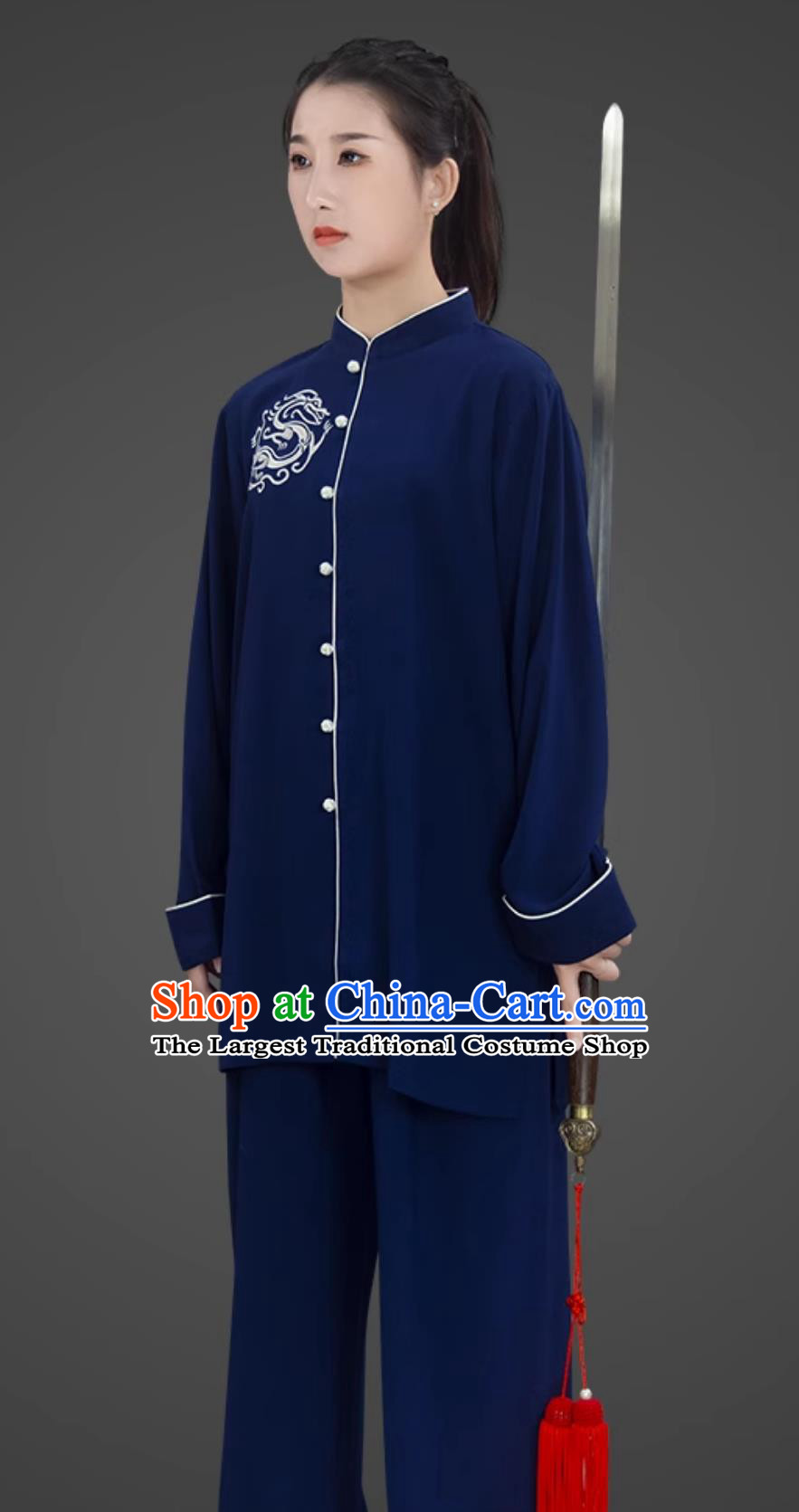Navy Blue Embroidered Women Tai Chi Suit Mid Long Taiji Competition Uniform Kung Fu Performance Training Costume