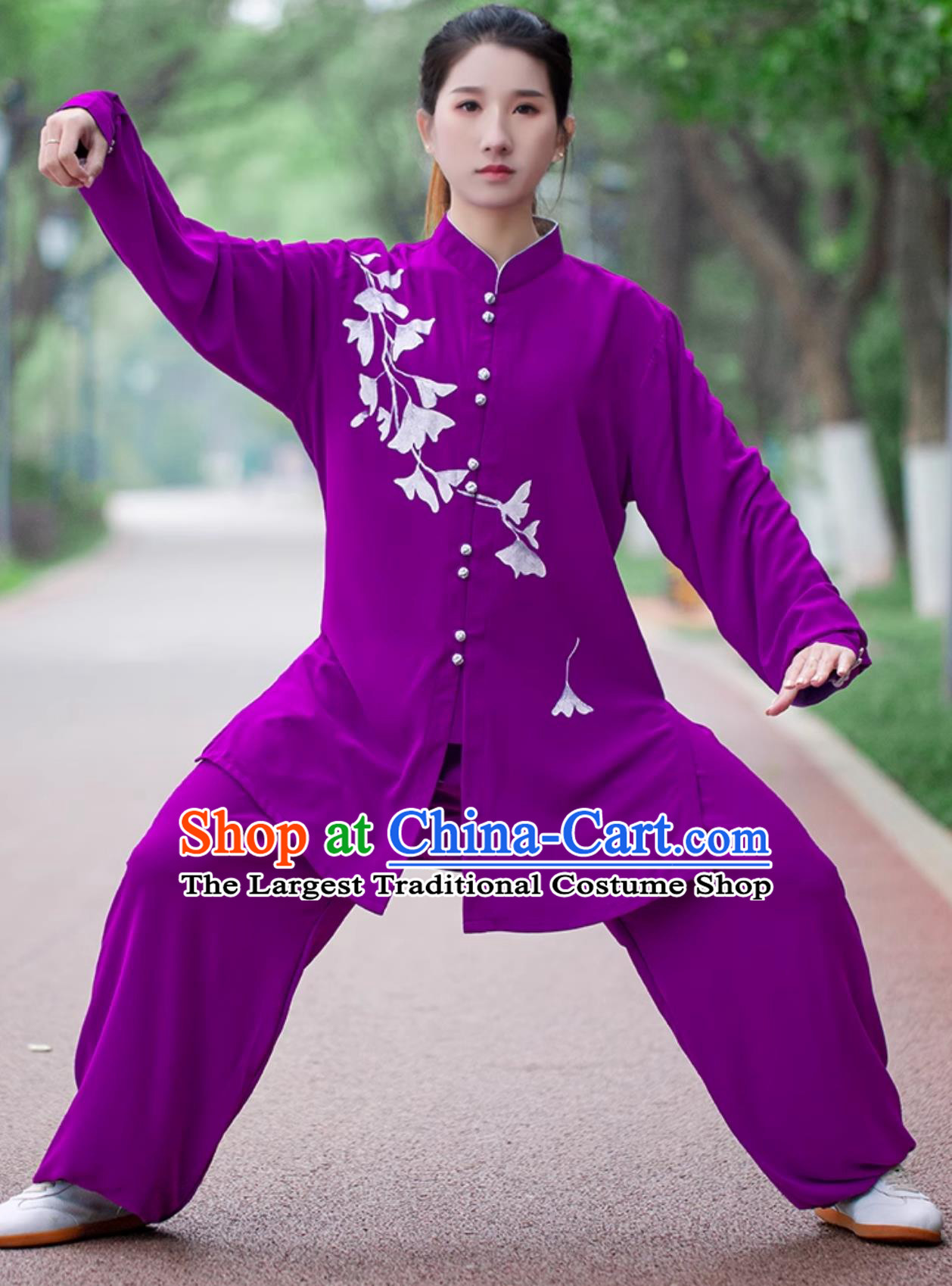 Hand Painted Ginkgo Leaf Women Tai Chi Uniform Tai Chi Performance Clothing Martial Arts Training Purple Outfit