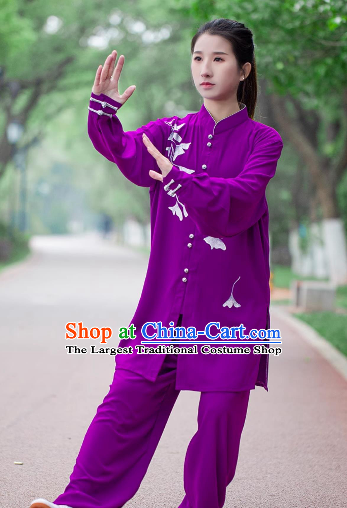Hand Painted Ginkgo Leaf Women Tai Chi Uniform Tai Chi Performance Clothing Martial Arts Training Purple Outfit