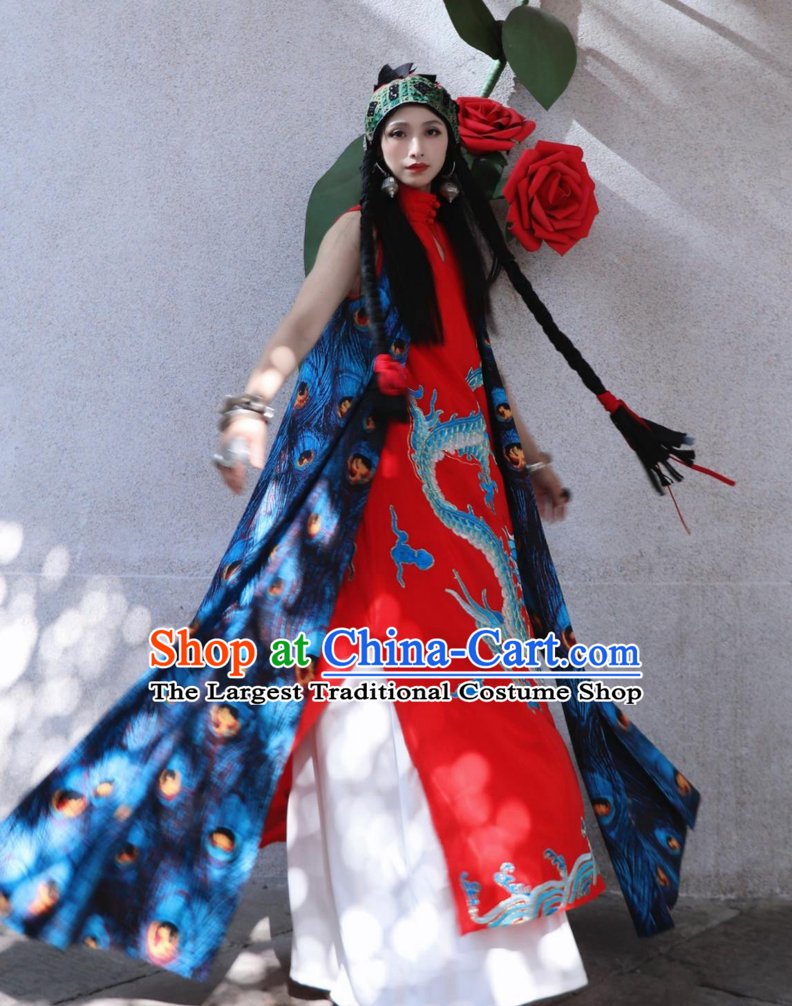 Blue Dragon Embroidered Peacock Ribbon Stand Collar Modified Cheongsam Traditional Chinese Loose Dress