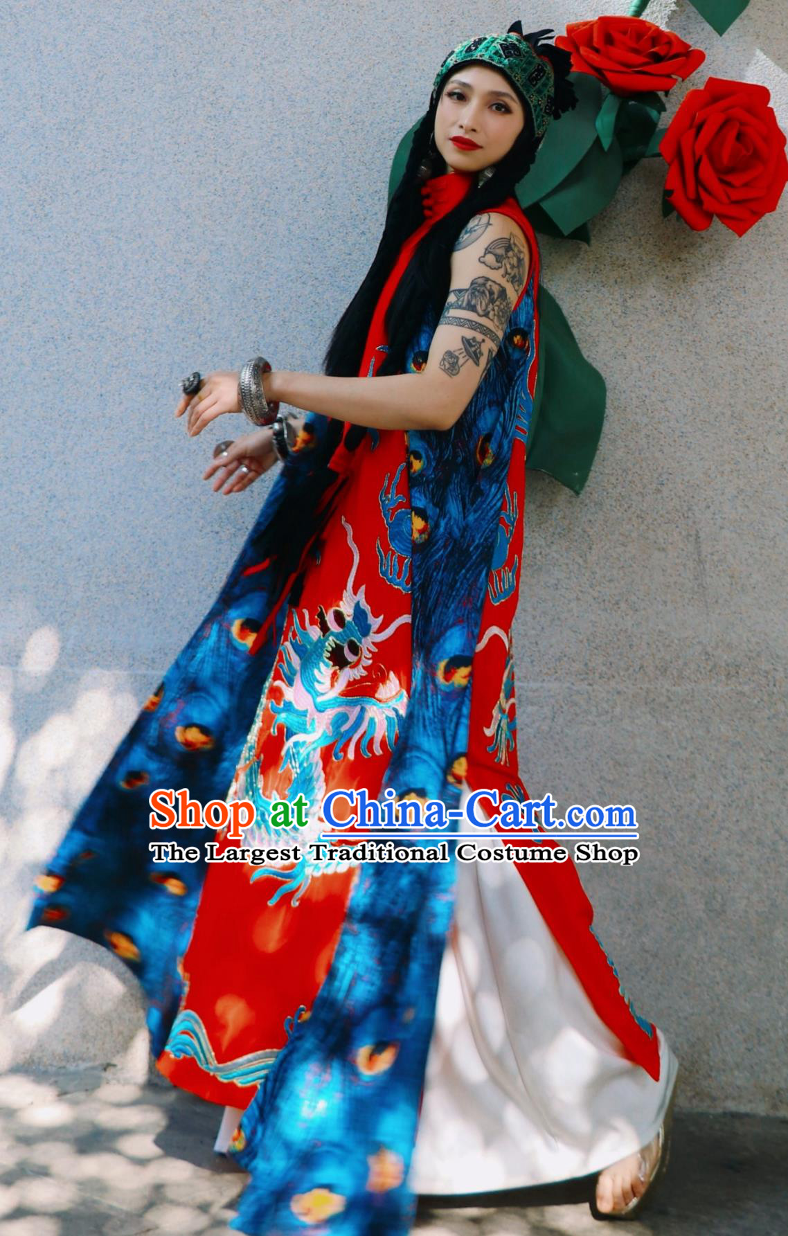 Blue Dragon Embroidered Peacock Ribbon Stand Collar Modified Cheongsam Traditional Chinese Loose Dress