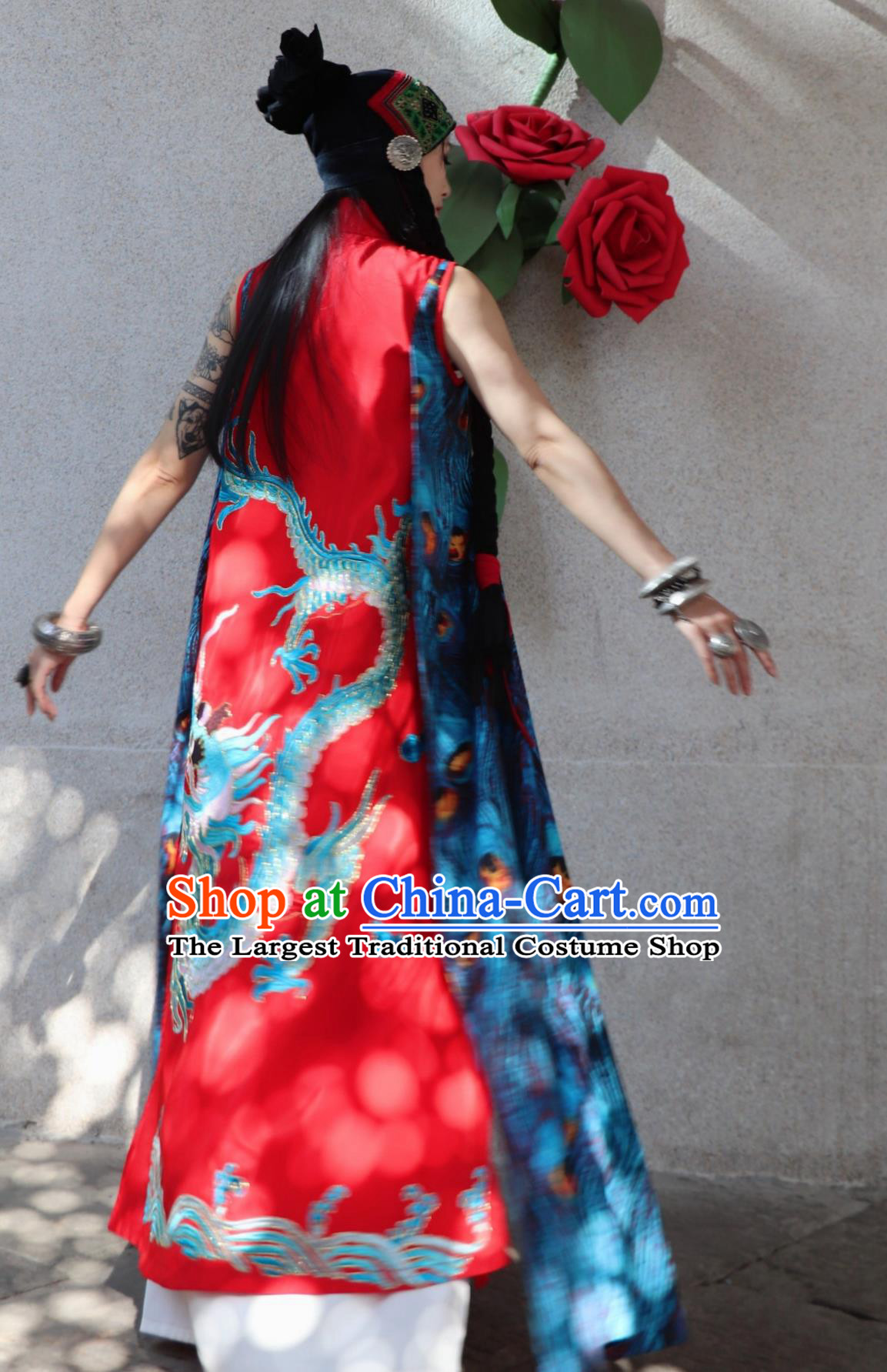 Blue Dragon Embroidered Peacock Ribbon Stand Collar Modified Cheongsam Traditional Chinese Loose Dress