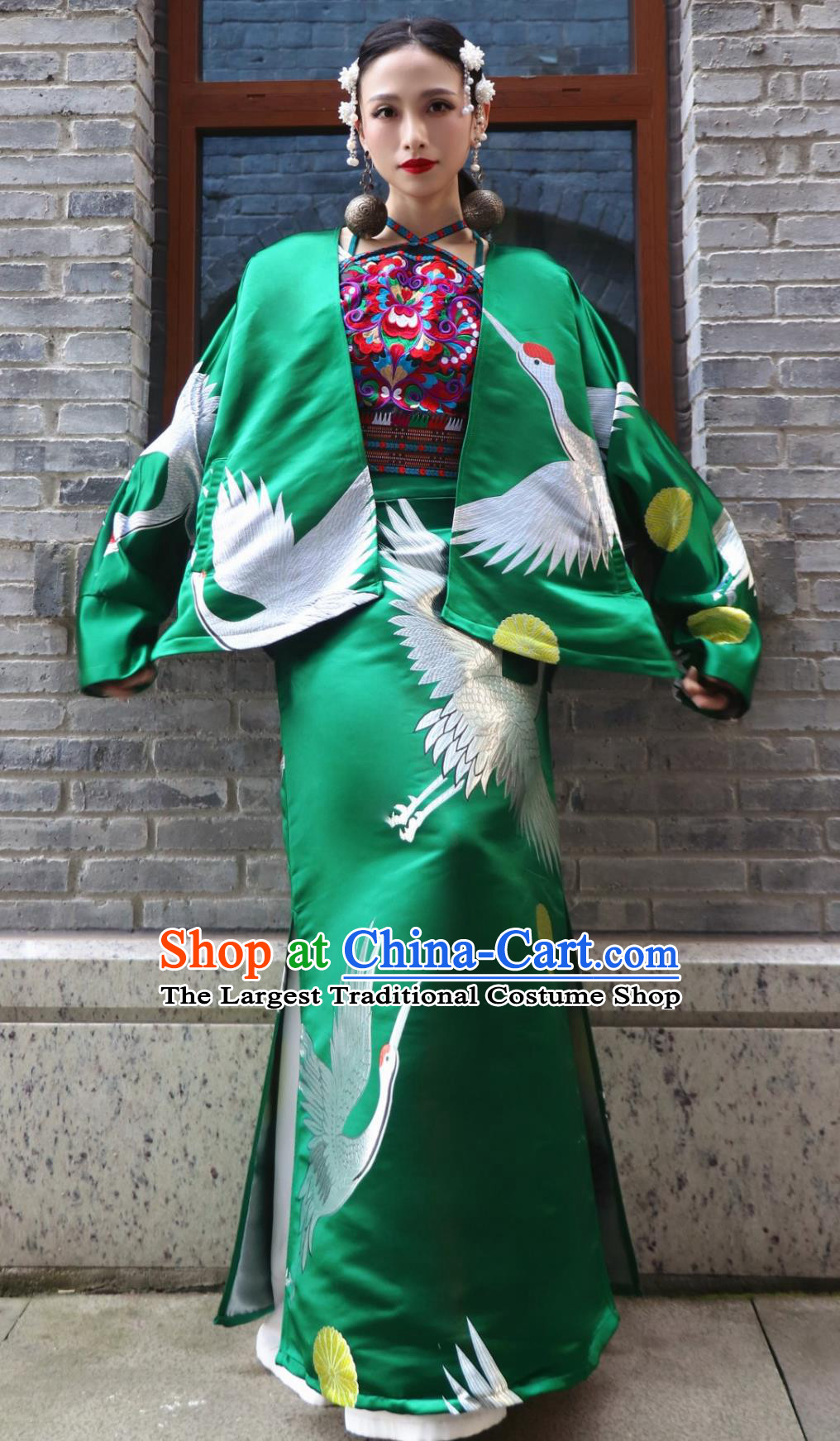 Green Crane Jacquard Bat Sleeve Top and A Line Skirt Set Chinese Wedding Modified Suit