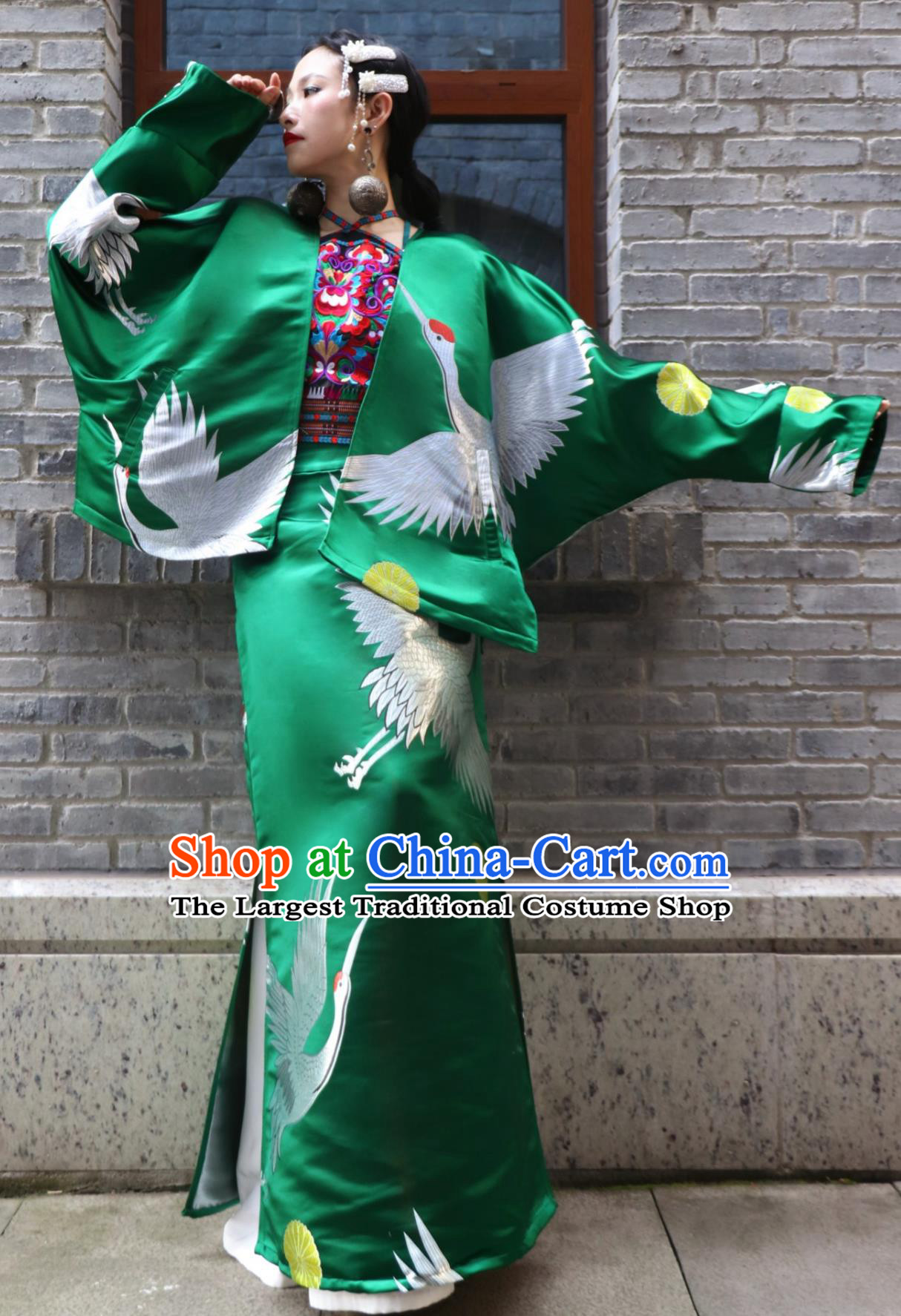 Green Crane Jacquard Bat Sleeve Top and A Line Skirt Set Chinese Wedding Modified Suit