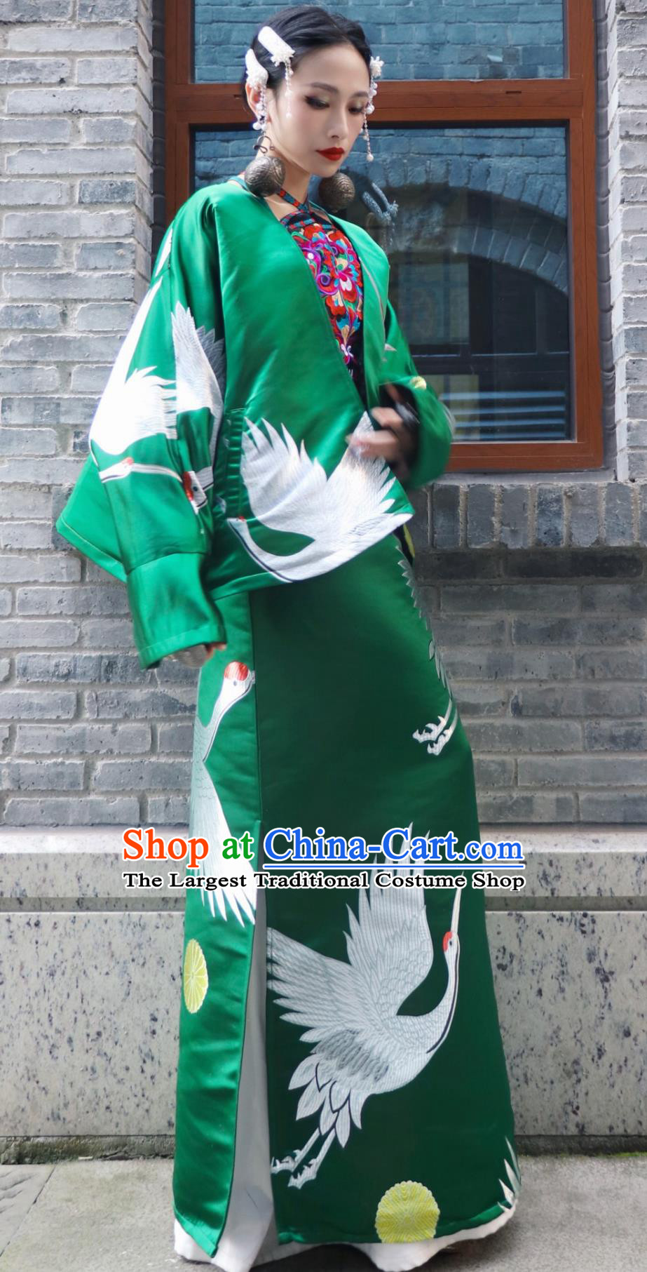 Green Crane Jacquard Bat Sleeve Top and A Line Skirt Set Chinese Wedding Modified Suit