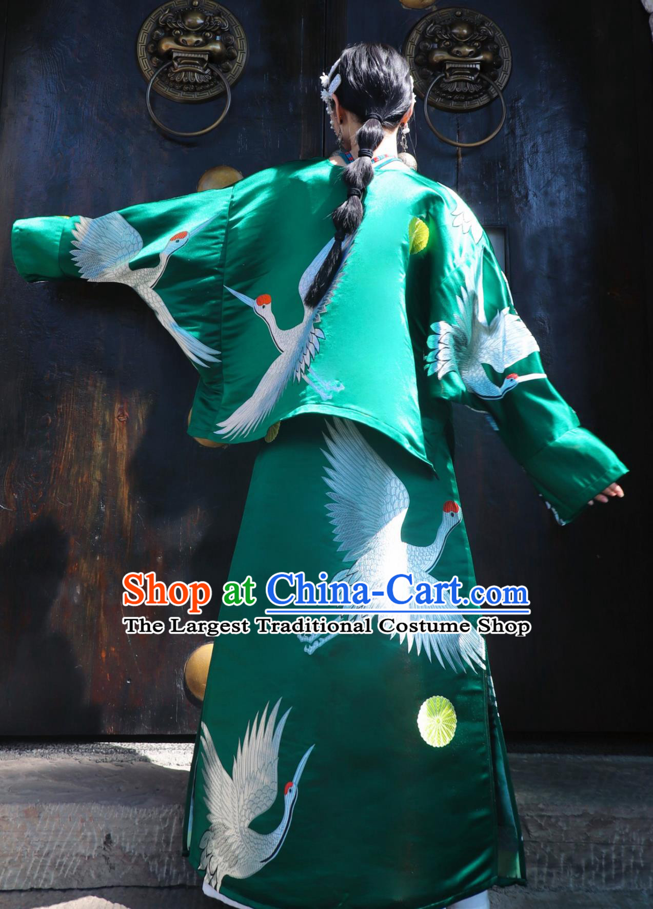 Green Crane Jacquard Bat Sleeve Top and A Line Skirt Set Chinese Wedding Modified Suit