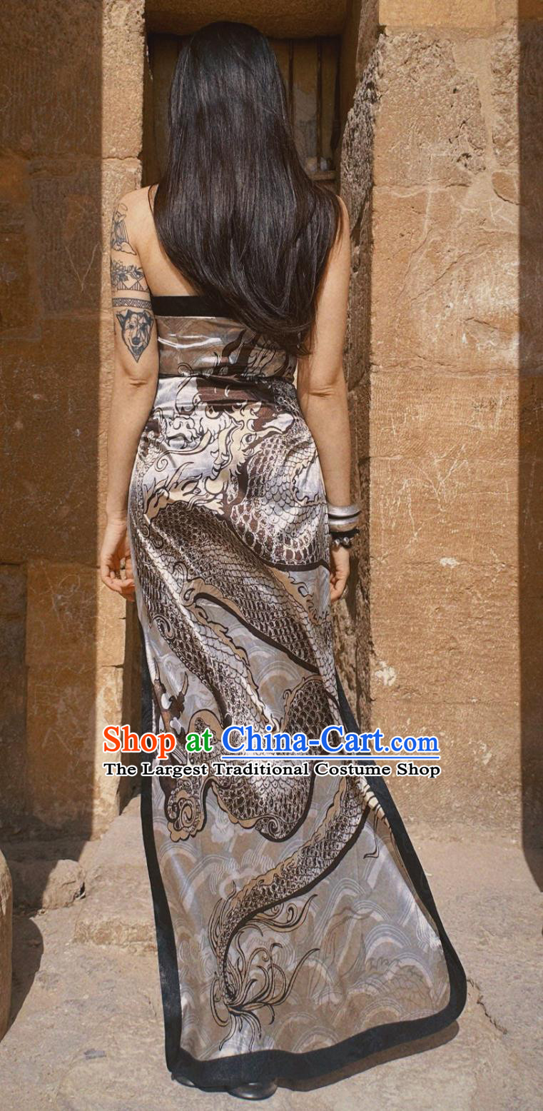 Silver Dragon Chiffon Halter Neck Dress Chinese Cheongsam