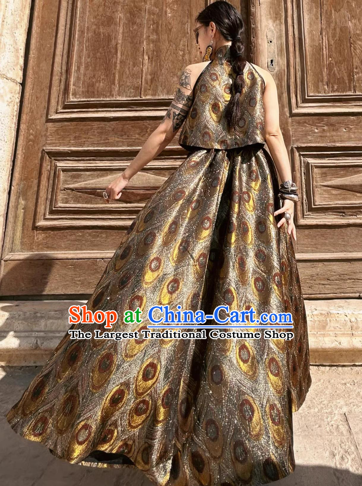 Luxury Golden Peacock Brocade High Neck Short Vest Pencil Skirt Neo Chinese Suit Set