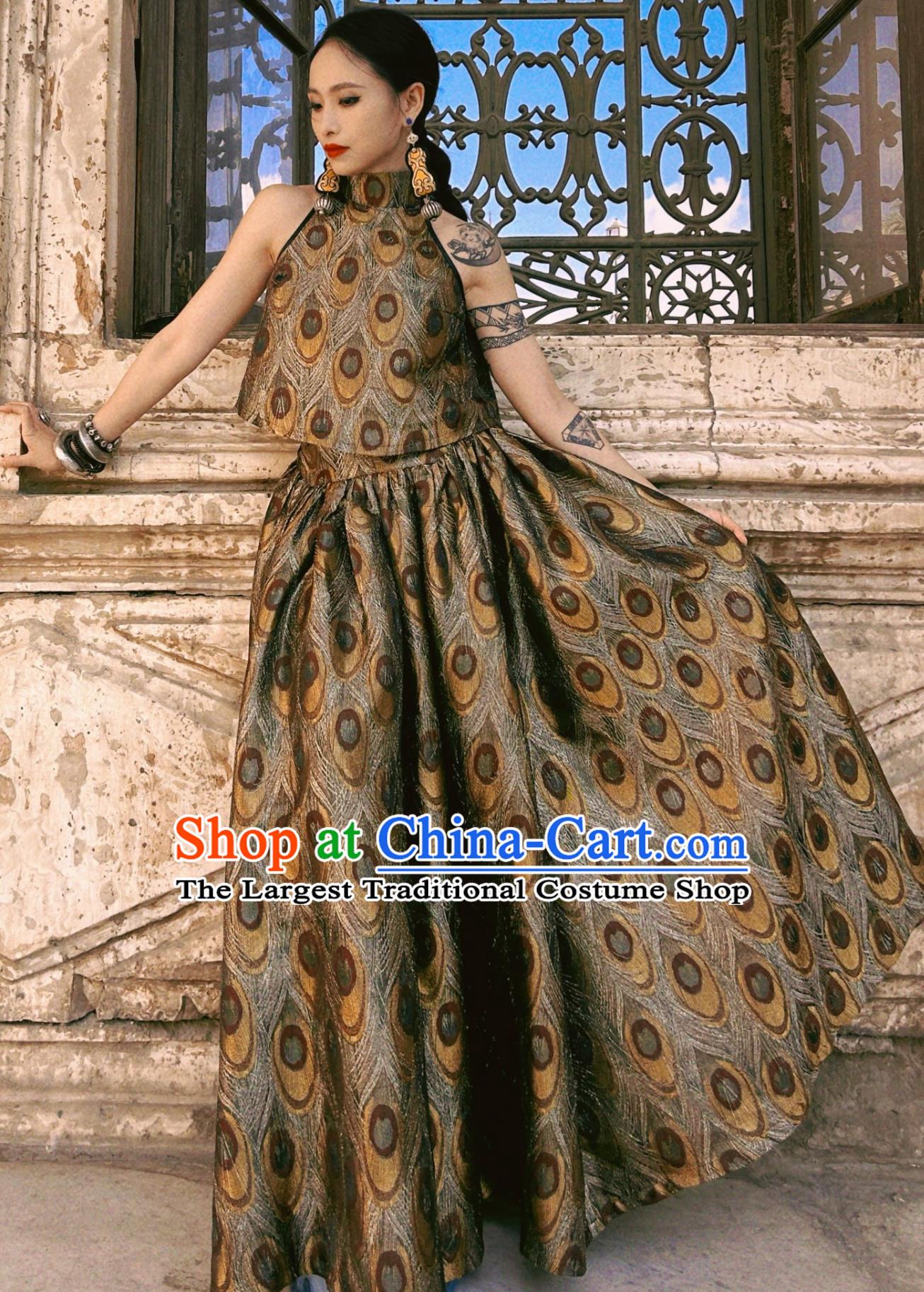 Luxury Golden Peacock Brocade High Neck Short Vest Pencil Skirt Neo Chinese Suit Set