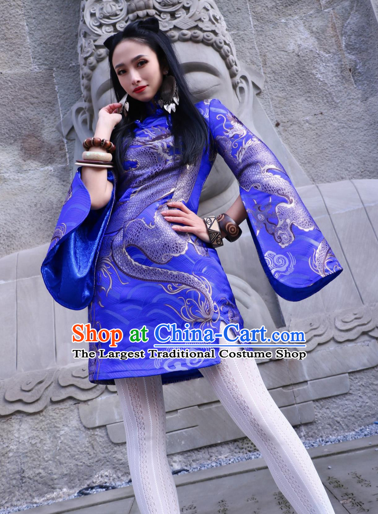 Blue Dragon Jacquard Brocade Slit Long Sleeve Chinese Street Style Modified Runway Short Qipao Dress