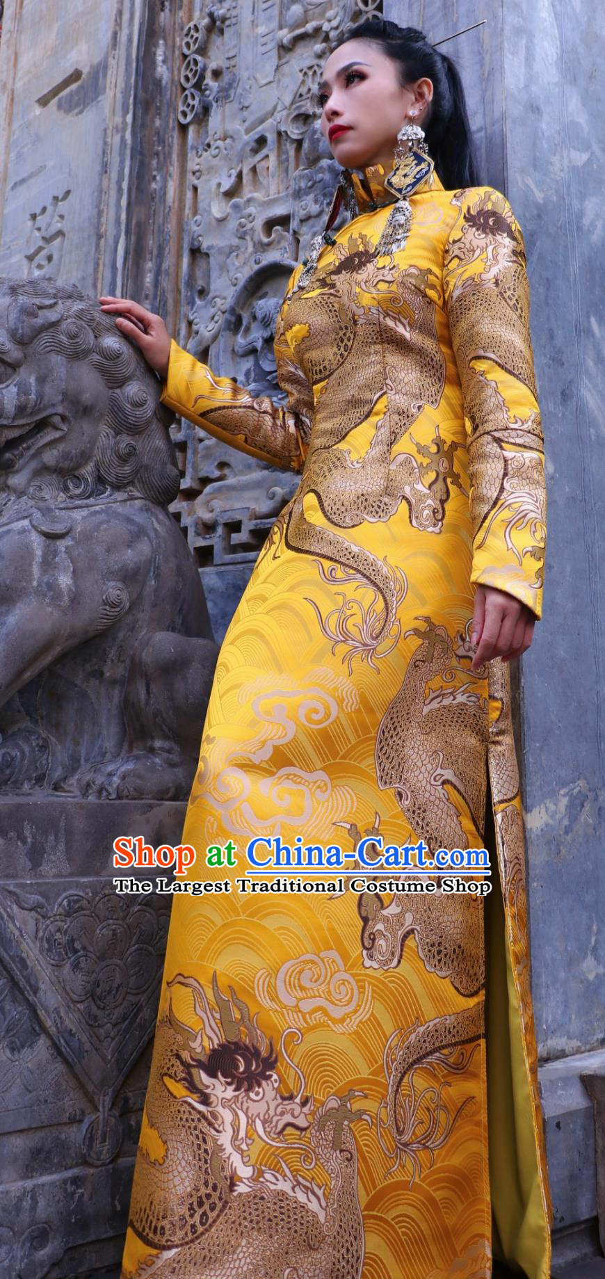 Yellow Dragon Jacquard Stand Collar Horsehoof Sleeve Dress Modified Runway Cheongsam Chinese Autumn Winter Clothing Qipao