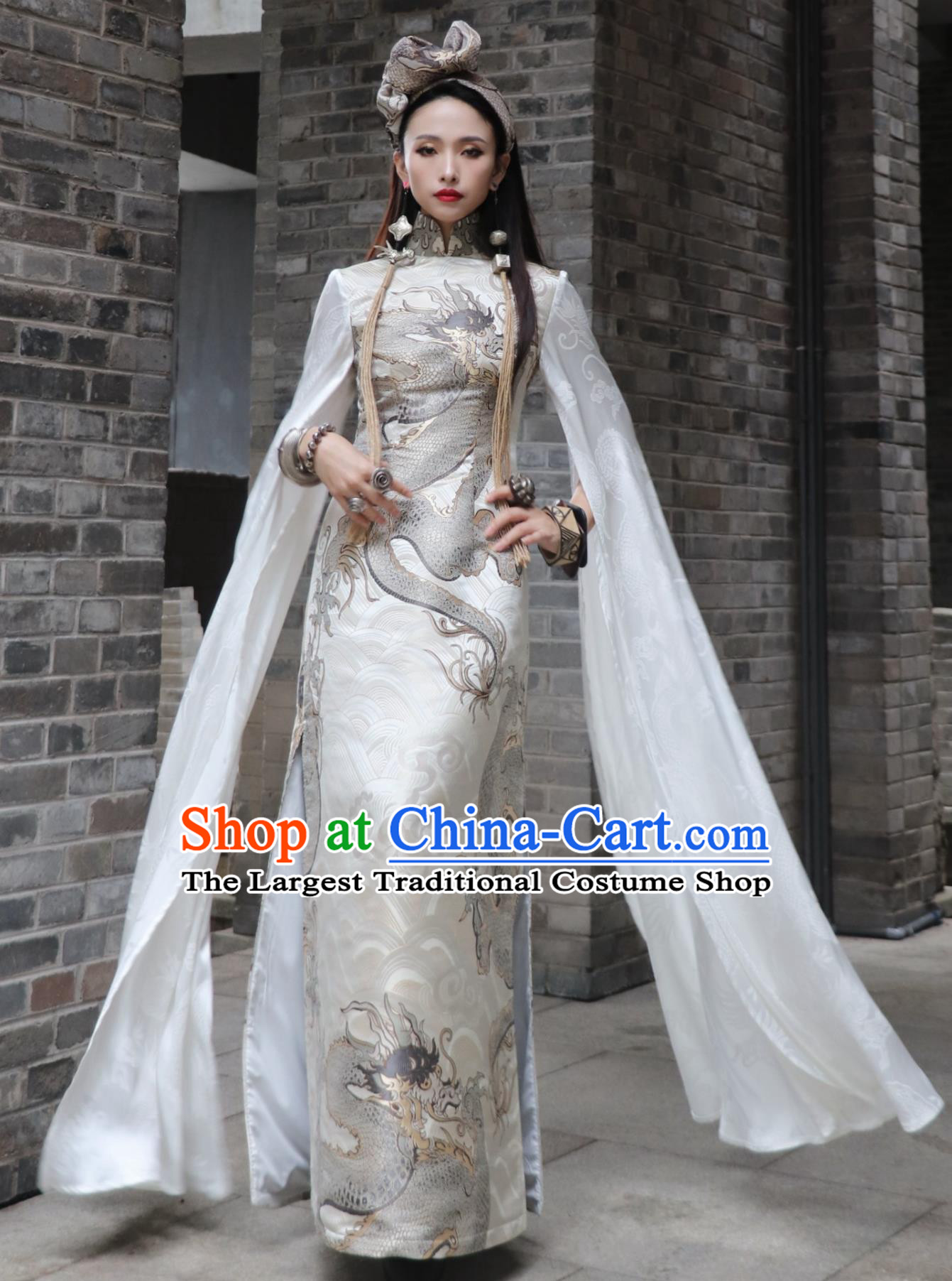 Silver Dragon Jacquard Brocade Long Water Sleeve Stand Collar Qipao Chinese Runway Cheongsam Traditional Dress