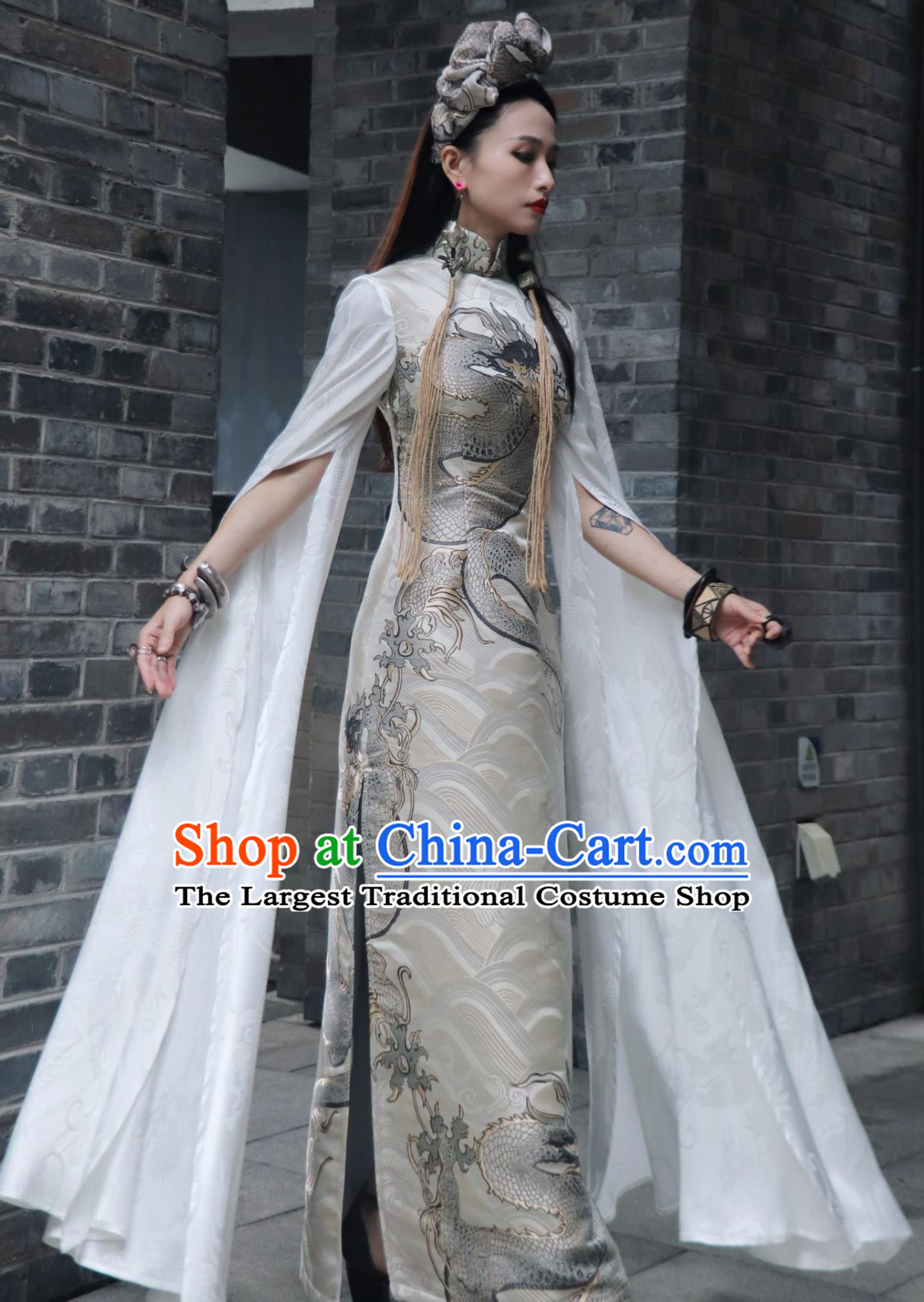 Silver Dragon Jacquard Brocade Long Water Sleeve Stand Collar Qipao Chinese Runway Cheongsam Traditional Dress