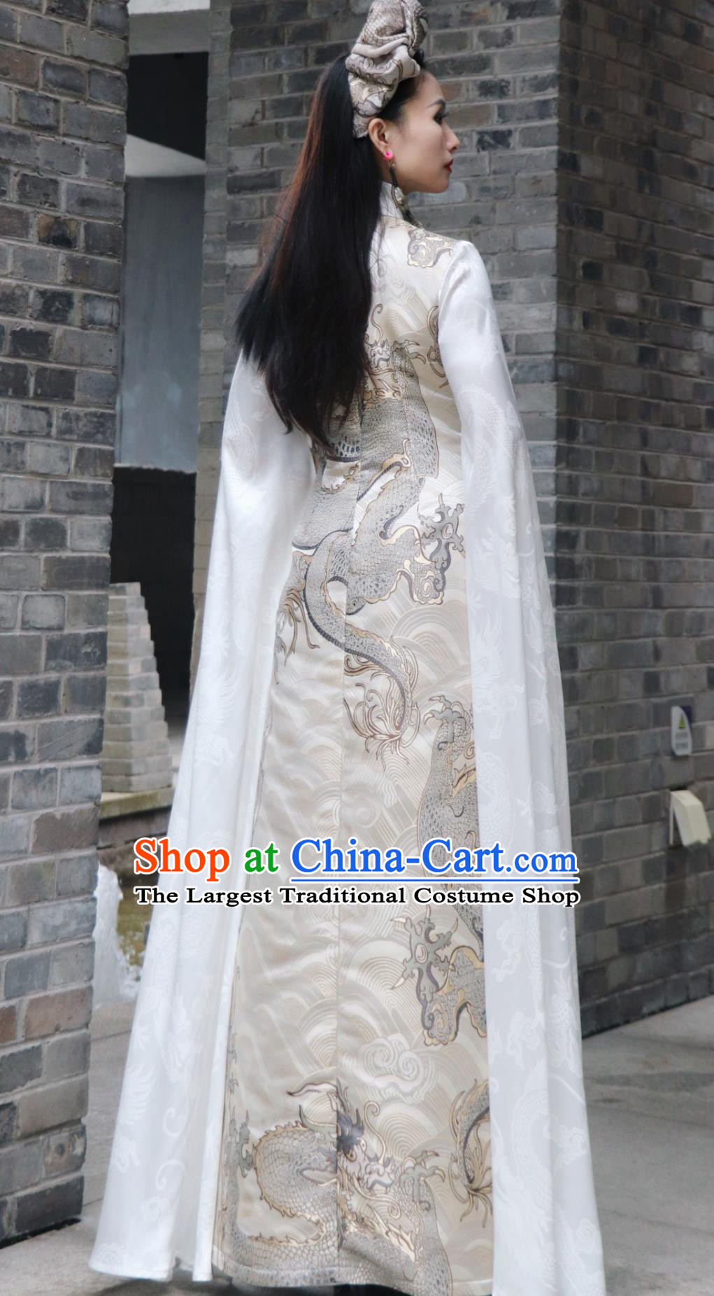 Silver Dragon Jacquard Brocade Long Water Sleeve Stand Collar Qipao Chinese Runway Cheongsam Traditional Dress