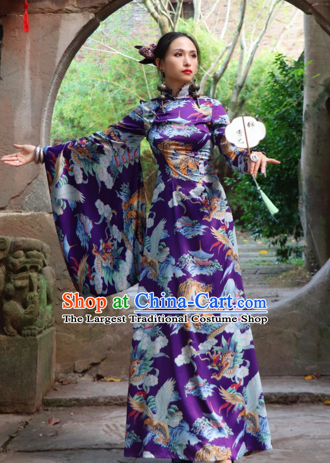 Chinese Style Modified Runway Cheongsam Purple Dragon Tiger Eagle Chiffon Dress Asymmetric Sleeve Stand Collar Qipao